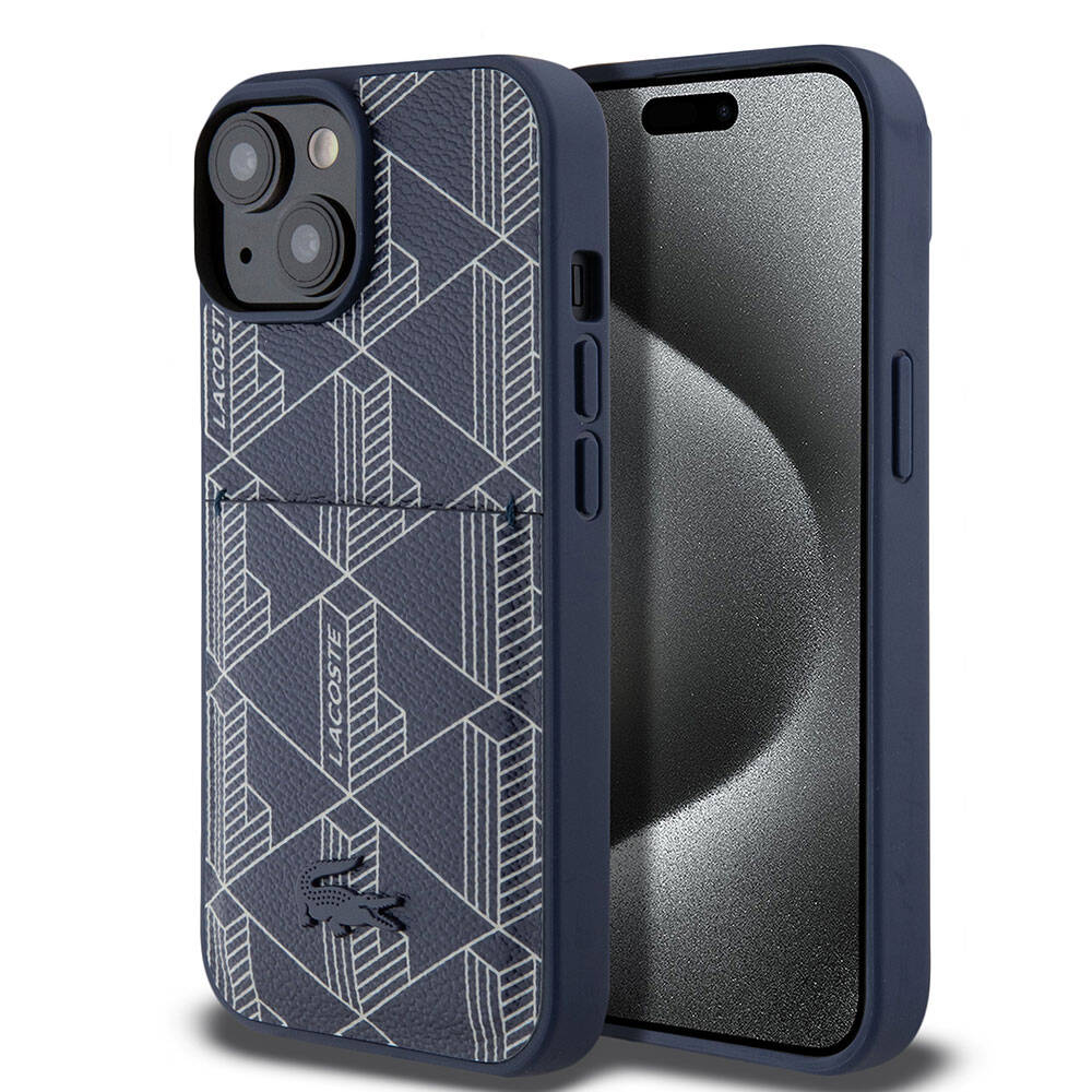 iPhone 15 Kılıf Lacoste Orjinal Lisanslı M-safe Şarj Özellikli PU Deri Görünümlü Kartlıklı Karışık Monogram Desenli Kılıf