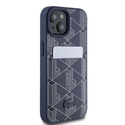 iPhone 15 Kılıf Lacoste Orjinal Lisanslı M-safe Şarj Özellikli PU Deri Görünümlü Kartlıklı Karışık Monogram Desenli Kılıf