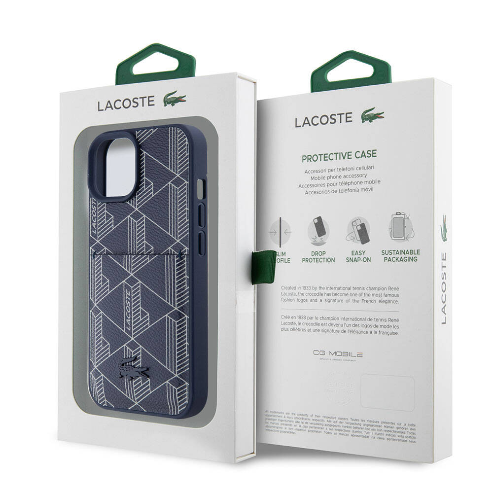 Apple iPhone 15 Kılıf Lacoste Orjinal Lisanslı Magsafe Şarj Özellikli PU Deri Görünümlü Kartlıklı Karışık Monogram Desenli Kapak Siyah