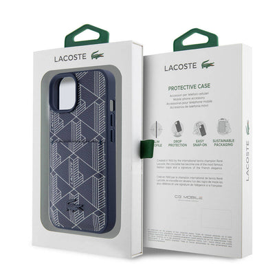 Apple iPhone 15 Kılıf Lacoste Orjinal Lisanslı Magsafe Şarj Özellikli PU Deri Görünümlü Kartlıklı Karışık Monogram Desenli Kapak Siyah