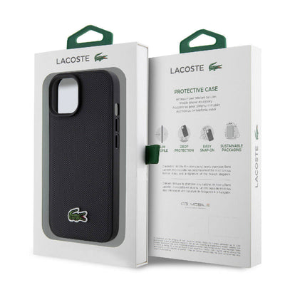 Apple iPhone 15 Kılıf Lacoste Orjinal Lisanslı PU Pike Desenli Arka Yüzey İkonik Timsah Dokuma Logolu Kapak Siyah