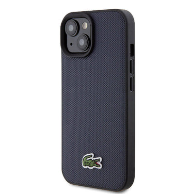 Apple iPhone 15 Kılıf Lacoste Orjinal Lisanslı PU Pike Desenli Arka Yüzey İkonik Timsah Dokuma Logolu Kapak Lacivert