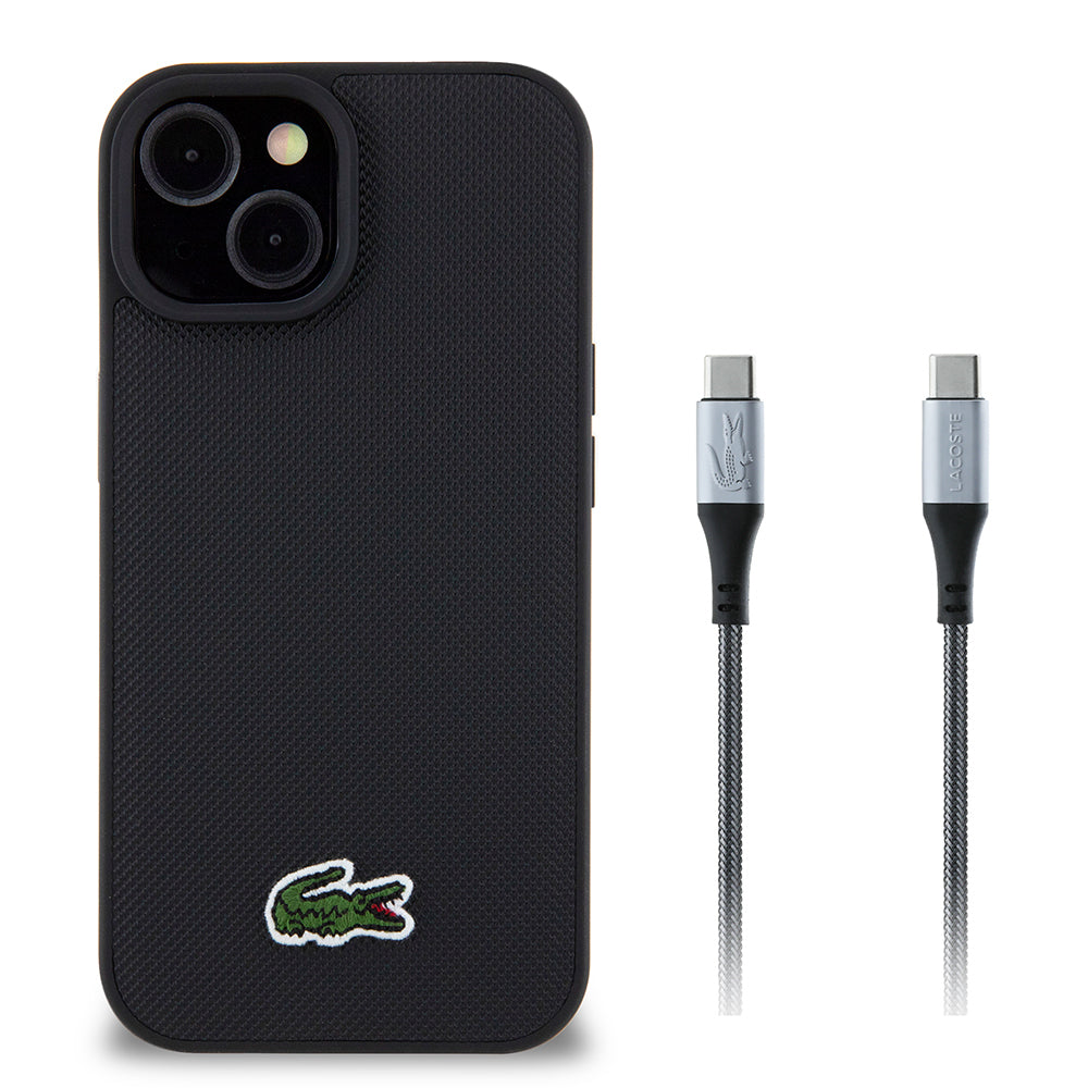 iPhone 15 Kılıf Lacoste Orjinal Lisanslı PU Pike Desenli Arka Yüzey İkonik Timsah Dokuma Logolu Kılıf + Type-C Kablo 1.5m