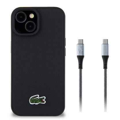 iPhone 15 Kılıf Lacoste Orjinal Lisanslı PU Pike Desenli Arka Yüzey İkonik Timsah Dokuma Logolu Kılıf + Type-C Kablo 1.5m