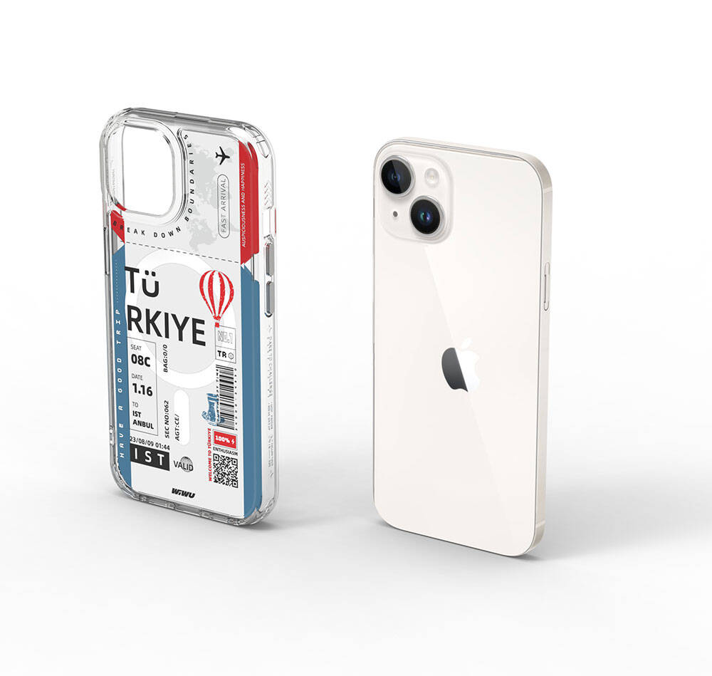 Apple iPhone 15 Kılıf Magsafe Şarj Özellikli Bilet Desenli Wiwu Turkey B Serisi Kapak Pembe