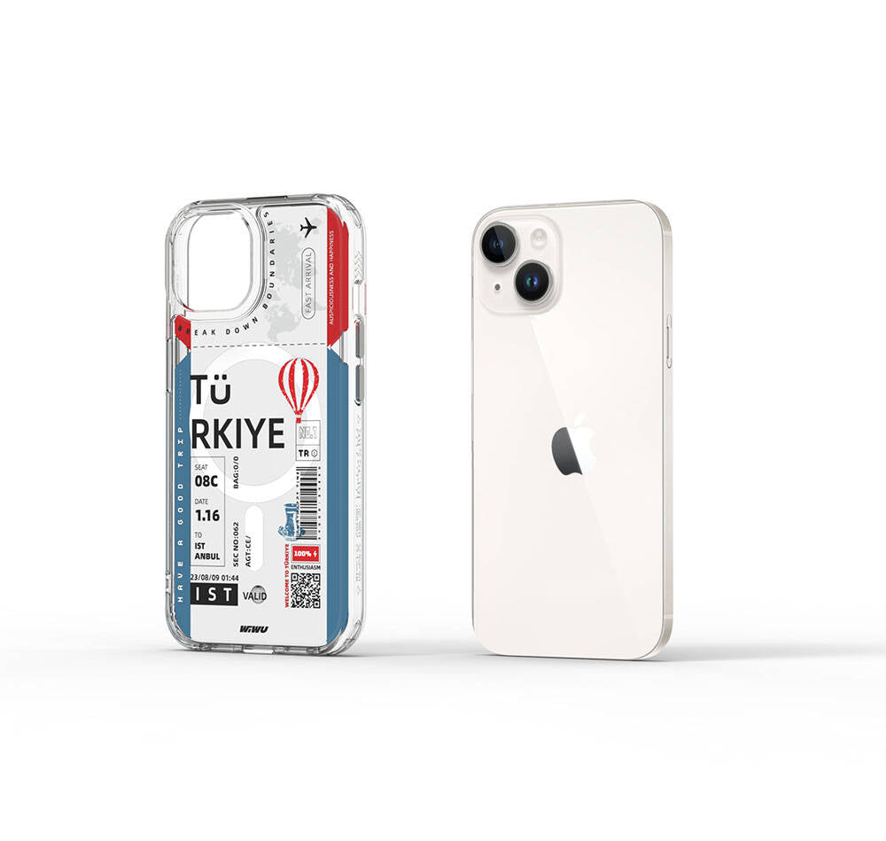 Apple iPhone 15 Kılıf Magsafe Şarj Özellikli Bilet Desenli Wiwu Turkey B Serisi Kapak Pembe