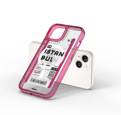 Apple iPhone 15 Kılıf Magsafe Şarj Özellikli Bilet Desenli Wiwu Turkey B Serisi Kapak Pembe