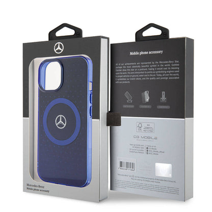 iPhone 15 Kılıf Mercedes Benz Orjinal Lisanslı M-safe Şarj Özellikli Çift Katmanlı Mavi Yıldız Desenli Kılıf