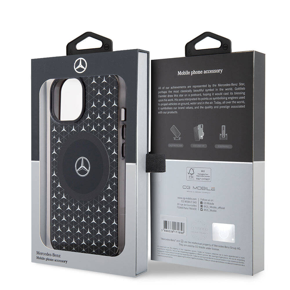 iPhone 15 Kılıf Mercedes Benz Orjinal Lisanslı M-safe Şarj Özellikli Çift Katmanlı Mini Yıldız Desenli Kılıf
