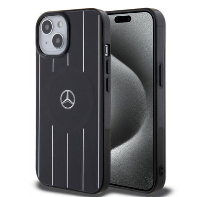 Apple iPhone 15 Kılıf Mercedes Benz Orjinal Lisanslı Magsafe Şarj Özellikli Çift Katmanlı Paralel Çizgi Desenli Kapak Beyaz