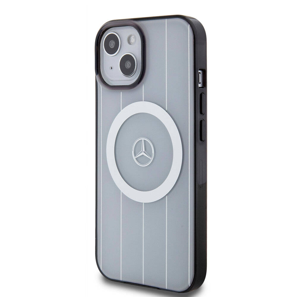 Apple iPhone 15 Kılıf Mercedes Benz Orjinal Lisanslı Magsafe Şarj Özellikli Çift Katmanlı Paralel Çizgi Desenli Kapak Beyaz