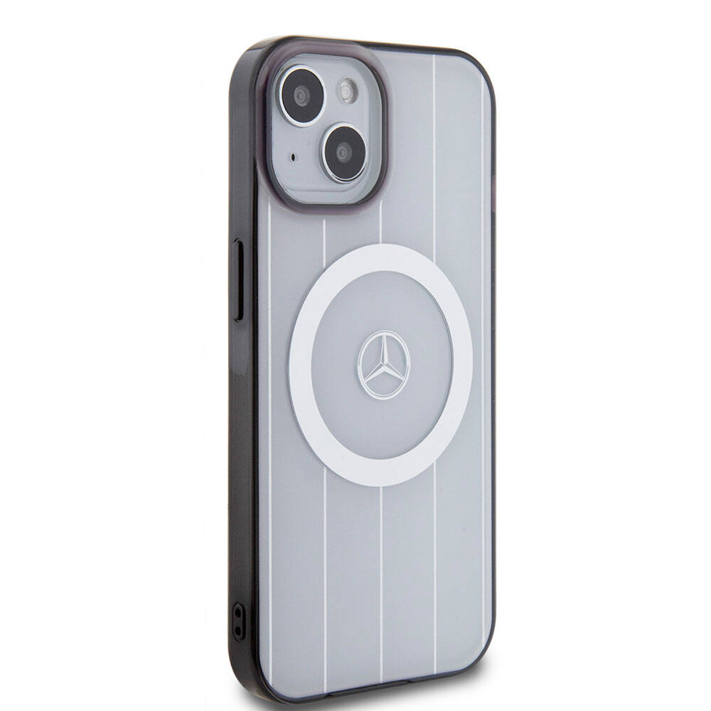 Apple iPhone 15 Kılıf Mercedes Benz Orjinal Lisanslı Magsafe Şarj Özellikli Çift Katmanlı Paralel Çizgi Desenli Kapak Beyaz