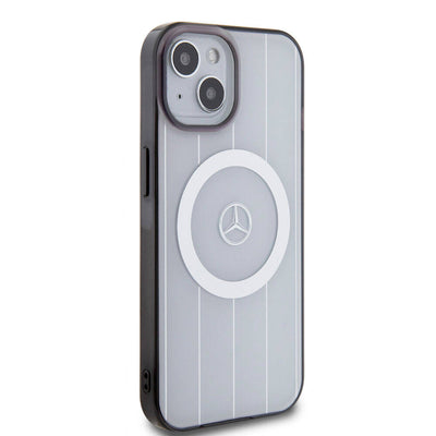 Apple iPhone 15 Kılıf Mercedes Benz Orjinal Lisanslı Magsafe Şarj Özellikli Çift Katmanlı Paralel Çizgi Desenli Kapak Beyaz
