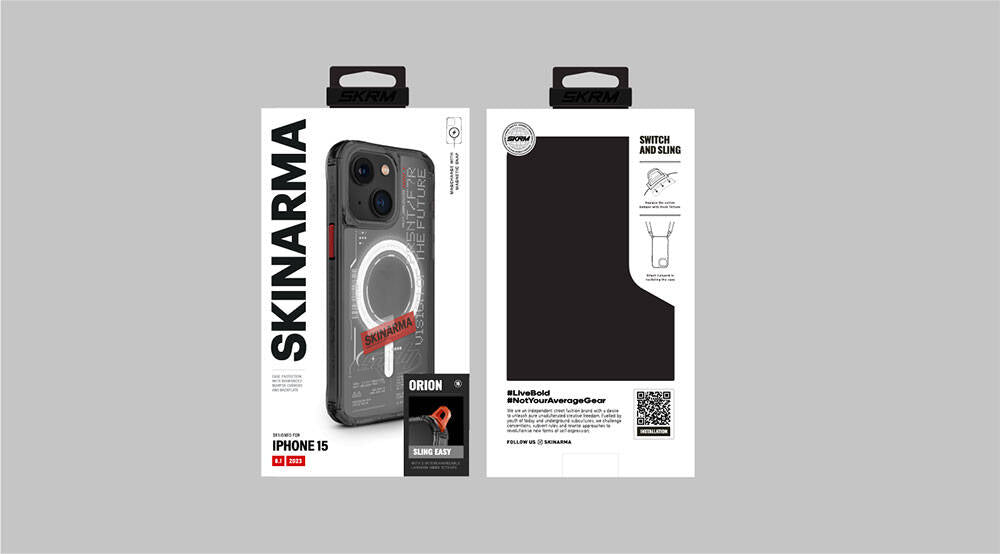 iPhone 15 Kılıf SkinArma M-safe Şarj Özellikli Yazı Desenli Airbag Tasarımlı Orion Kılıf