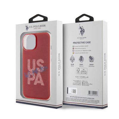 Apple iPhone 15 Kılıf U.S. Polo Assn. Orjinal Lisanslı Simli Parlak Alfabe Tasarım Kapak Kırmızı