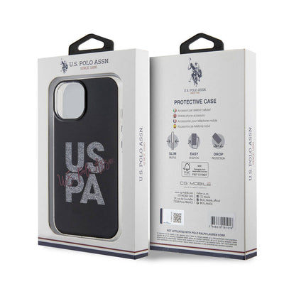 Apple iPhone 15 Kılıf U.S. Polo Assn. Orjinal Lisanslı Simli Parlak Alfabe Tasarım Kapak Siyah