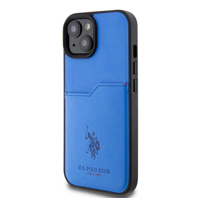 Apple iPhone 15 Kılıf U.S. Polo Assn. Orjinal Lisanslı Baskı Logolu PU Kartlıklı Kapak Mavi