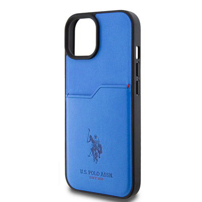 Apple iPhone 15 Kılıf U.S. Polo Assn. Orjinal Lisanslı Baskı Logolu PU Kartlıklı Kapak Mavi