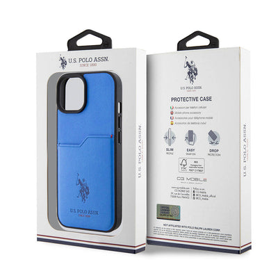 Apple iPhone 15 Kılıf U.S. Polo Assn. Orjinal Lisanslı Baskı Logolu PU Kartlıklı Kapak Mavi