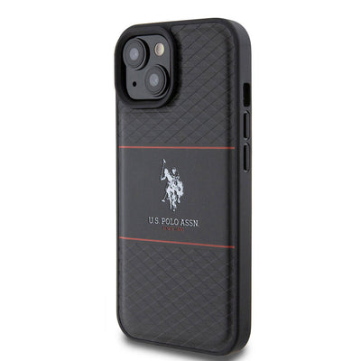 Apple iPhone 15 Kılıf U.S. Polo Assn. Orjinal Lisanslı Deri Şeritli Logo Dizayn Kapak Siyah