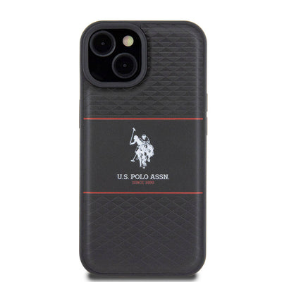 Apple iPhone 15 Kılıf U.S. Polo Assn. Orjinal Lisanslı Deri Şeritli Logo Dizayn Kapak Siyah