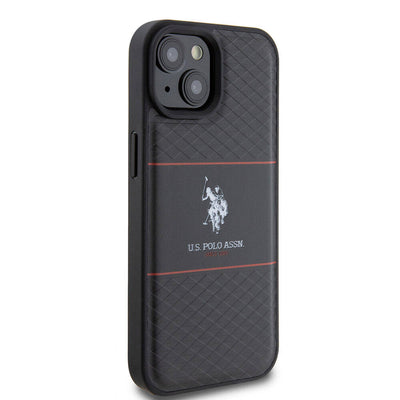 Apple iPhone 15 Kılıf U.S. Polo Assn. Orjinal Lisanslı Deri Şeritli Logo Dizayn Kapak Siyah