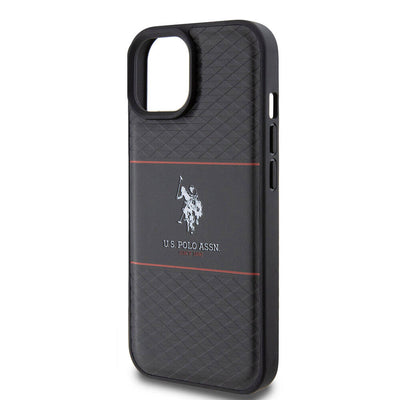Apple iPhone 15 Kılıf U.S. Polo Assn. Orjinal Lisanslı Deri Şeritli Logo Dizayn Kapak Siyah