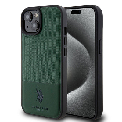 Apple iPhone 15 Kılıf U.S. Polo Assn. Orjinal Lisanslı Suni Deri Arka Yüzey Baskı Logolu Örgü Desenli Kapak Lacivert