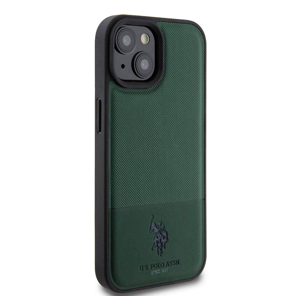 Apple iPhone 15 Kılıf U.S. Polo Assn. Orjinal Lisanslı Suni Deri Arka Yüzey Baskı Logolu Örgü Desenli Kapak Yeşil