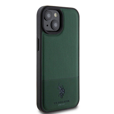 Apple iPhone 15 Kılıf U.S. Polo Assn. Orjinal Lisanslı Suni Deri Arka Yüzey Baskı Logolu Örgü Desenli Kapak Yeşil