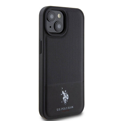 Apple iPhone 15 Kılıf U.S. Polo Assn. Orjinal Lisanslı Suni Deri Arka Yüzey Baskı Logolu Örgü Desenli Kapak Yeşil
