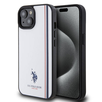 Apple iPhone 15 Kılıf U.S. Polo Assn. Orjinal Lisanslı Üç Renk Şerit Tasarımlı Baskı Logolu Kapak Beyaz