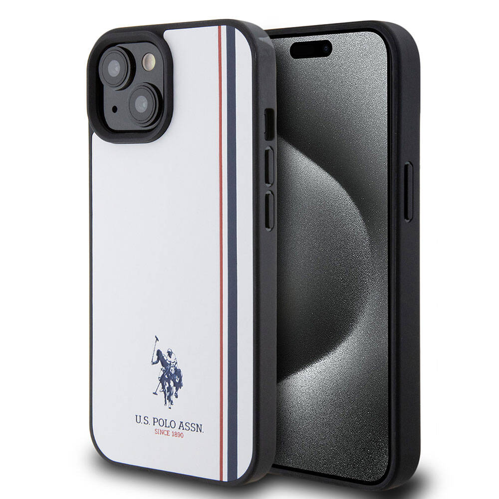 Apple iPhone 15 Kılıf U.S. Polo Assn. Orjinal Lisanslı Üç Renk Şerit Tasarımlı Baskı Logolu Kapak Beyaz