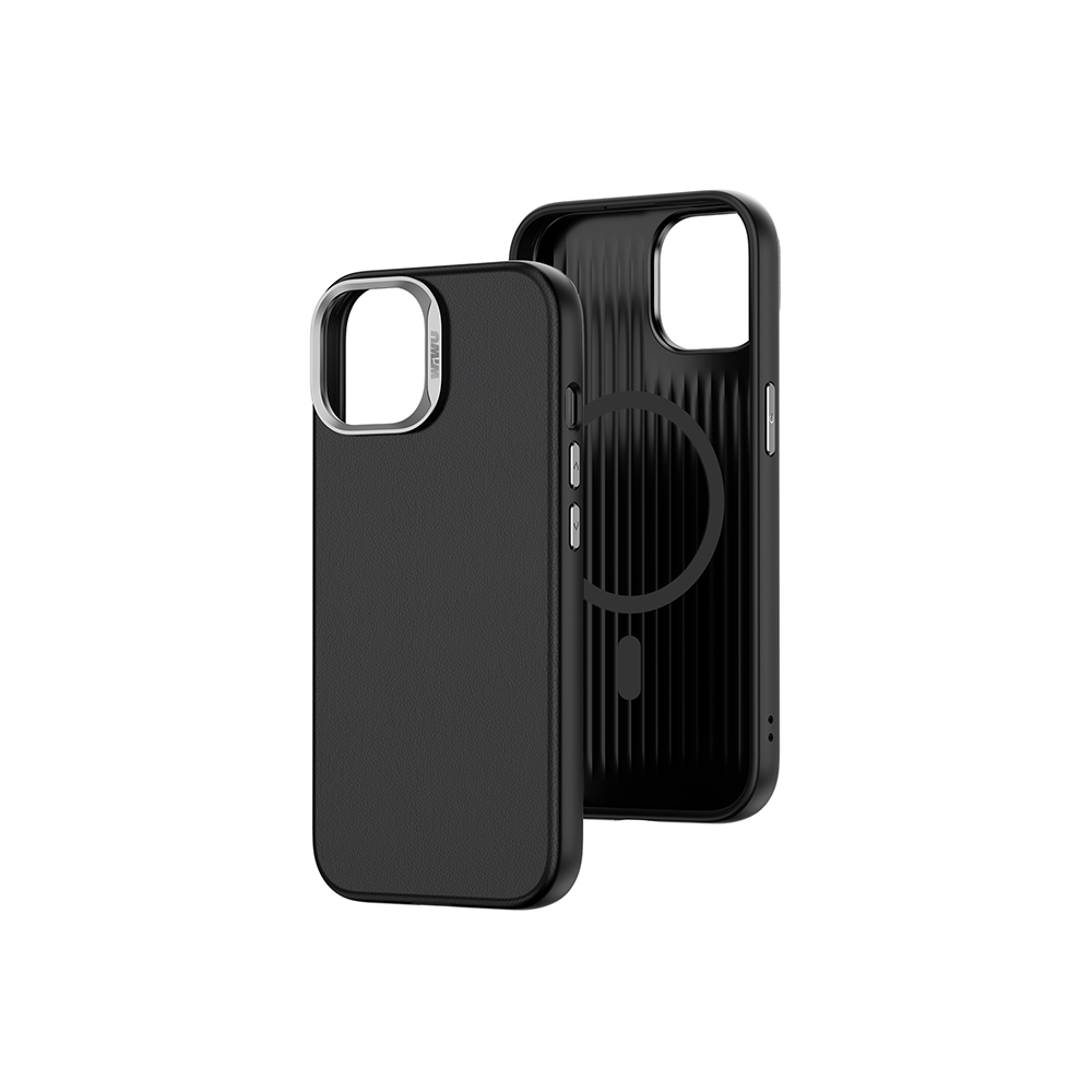 Apple iPhone 15 Kılıf Wiwu SP-019 Magsafe Şarj Özellikli Vegan Leather Deri Kapak Siyah