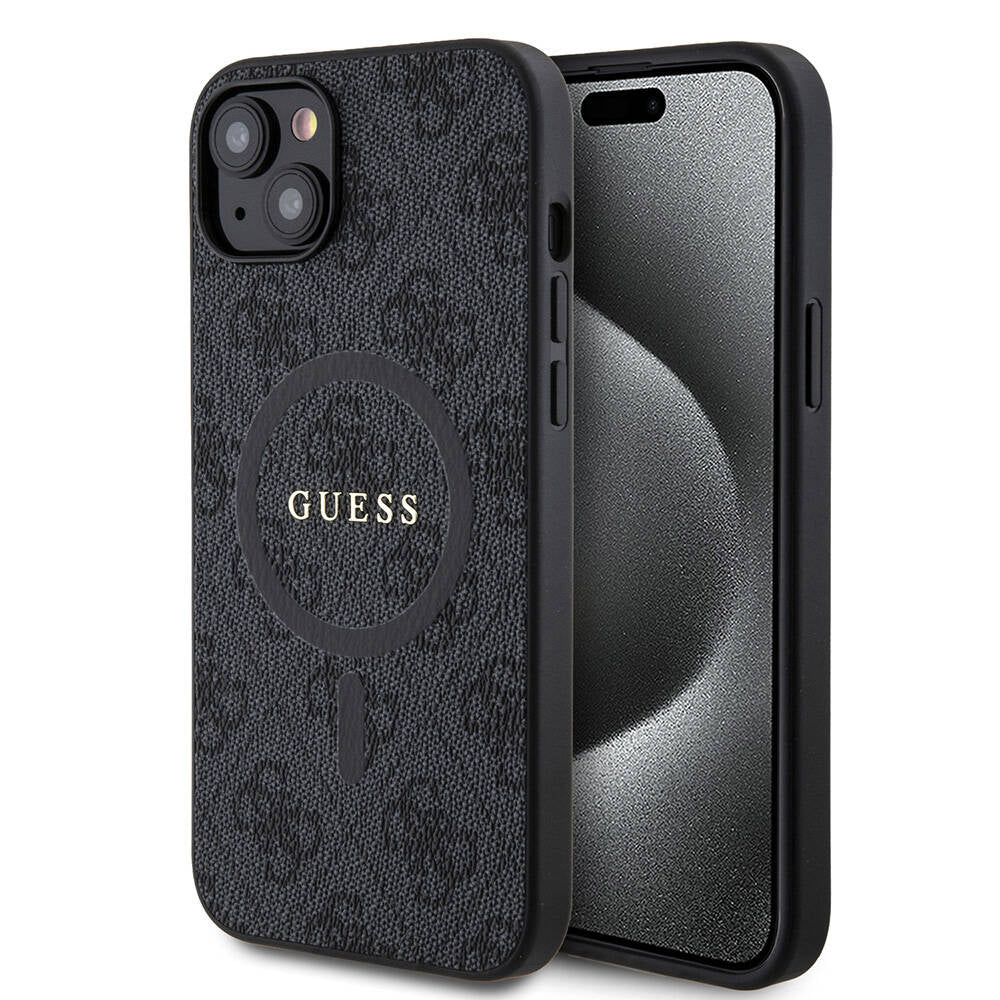 iPhone 15 Plus Guess Orjinal Lisanslı M-safe Şarj Özellikli PU Halkalı 4G Desenli Yazı Logolu Kılıf