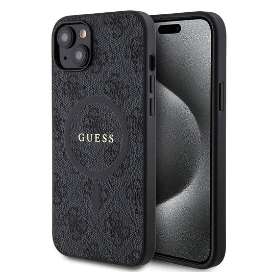 iPhone 15 Plus Guess Orjinal Lisanslı M-safe Şarj Özellikli PU Halkalı 4G Desenli Yazı Logolu Kılıf