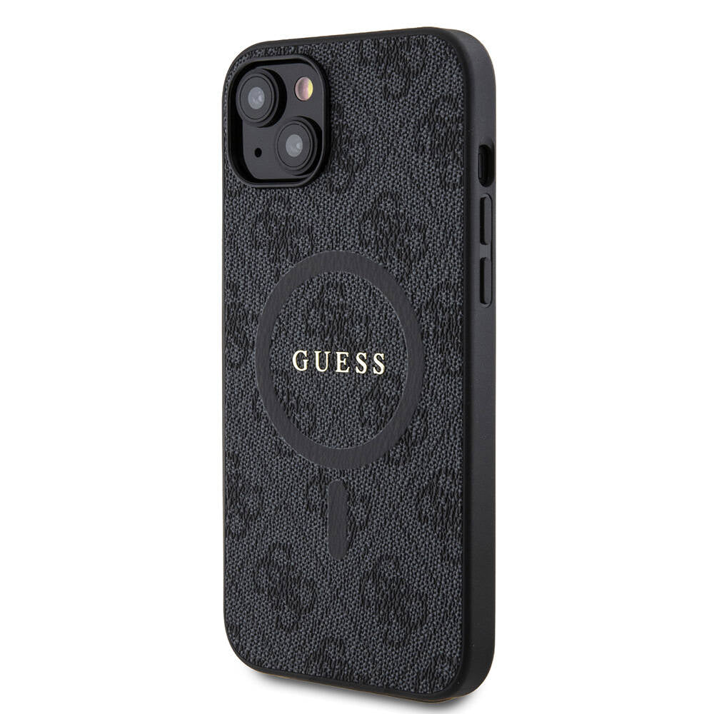 iPhone 15 Plus Guess Orjinal Lisanslı M-safe Şarj Özellikli PU Halkalı 4G Desenli Yazı Logolu Kılıf