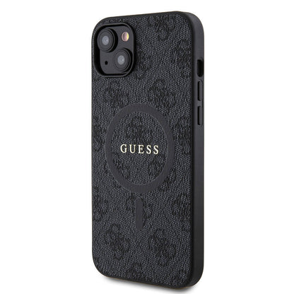 iPhone 15 Plus Guess Orjinal Lisanslı M-safe Şarj Özellikli PU Halkalı 4G Desenli Yazı Logolu Kılıf