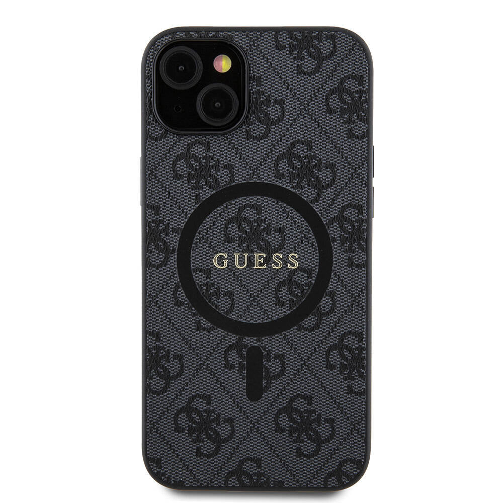 iPhone 15 Plus Guess Orjinal Lisanslı M-safe Şarj Özellikli PU Halkalı 4G Desenli Yazı Logolu Kılıf