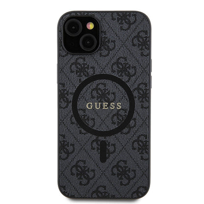 iPhone 15 Plus Guess Orjinal Lisanslı M-safe Şarj Özellikli PU Halkalı 4G Desenli Yazı Logolu Kılıf