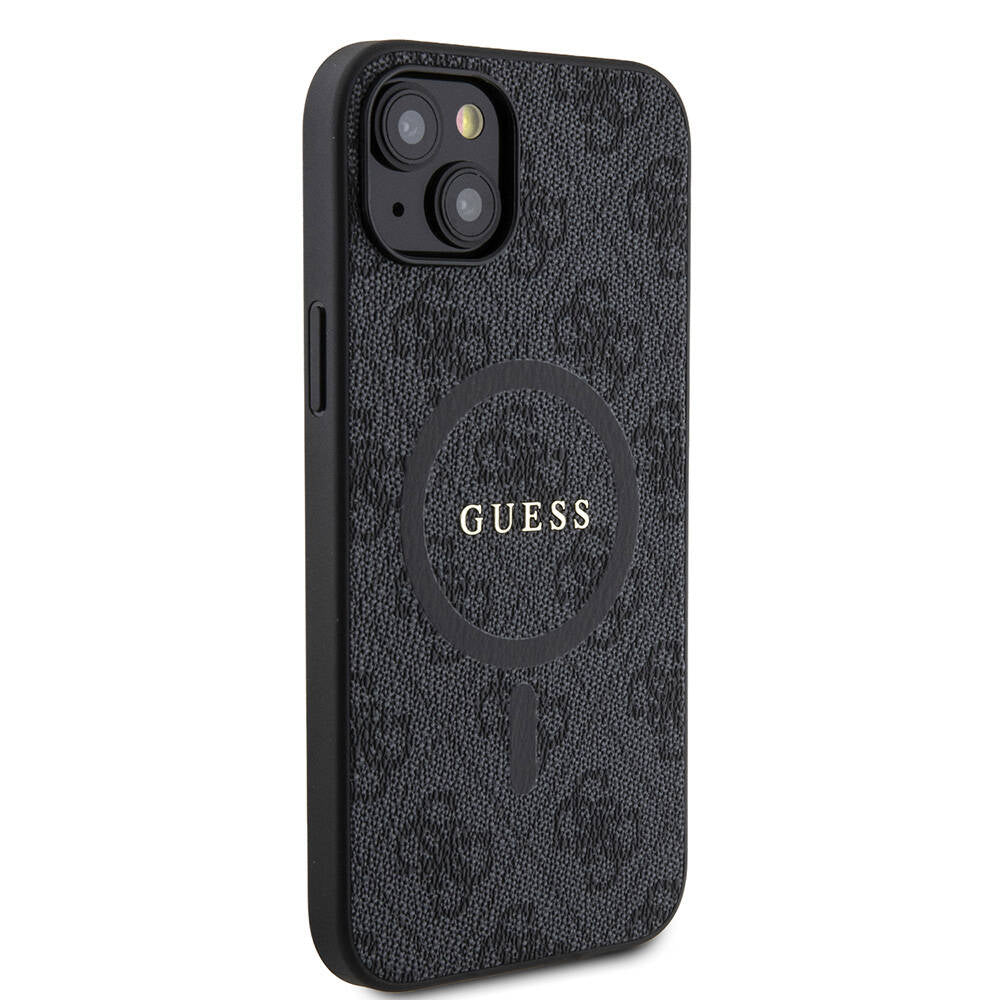 iPhone 15 Plus Guess Orjinal Lisanslı M-safe Şarj Özellikli PU Halkalı 4G Desenli Yazı Logolu Kılıf
