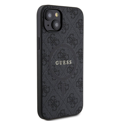 iPhone 15 Plus Guess Orjinal Lisanslı M-safe Şarj Özellikli PU Halkalı 4G Desenli Yazı Logolu Kılıf