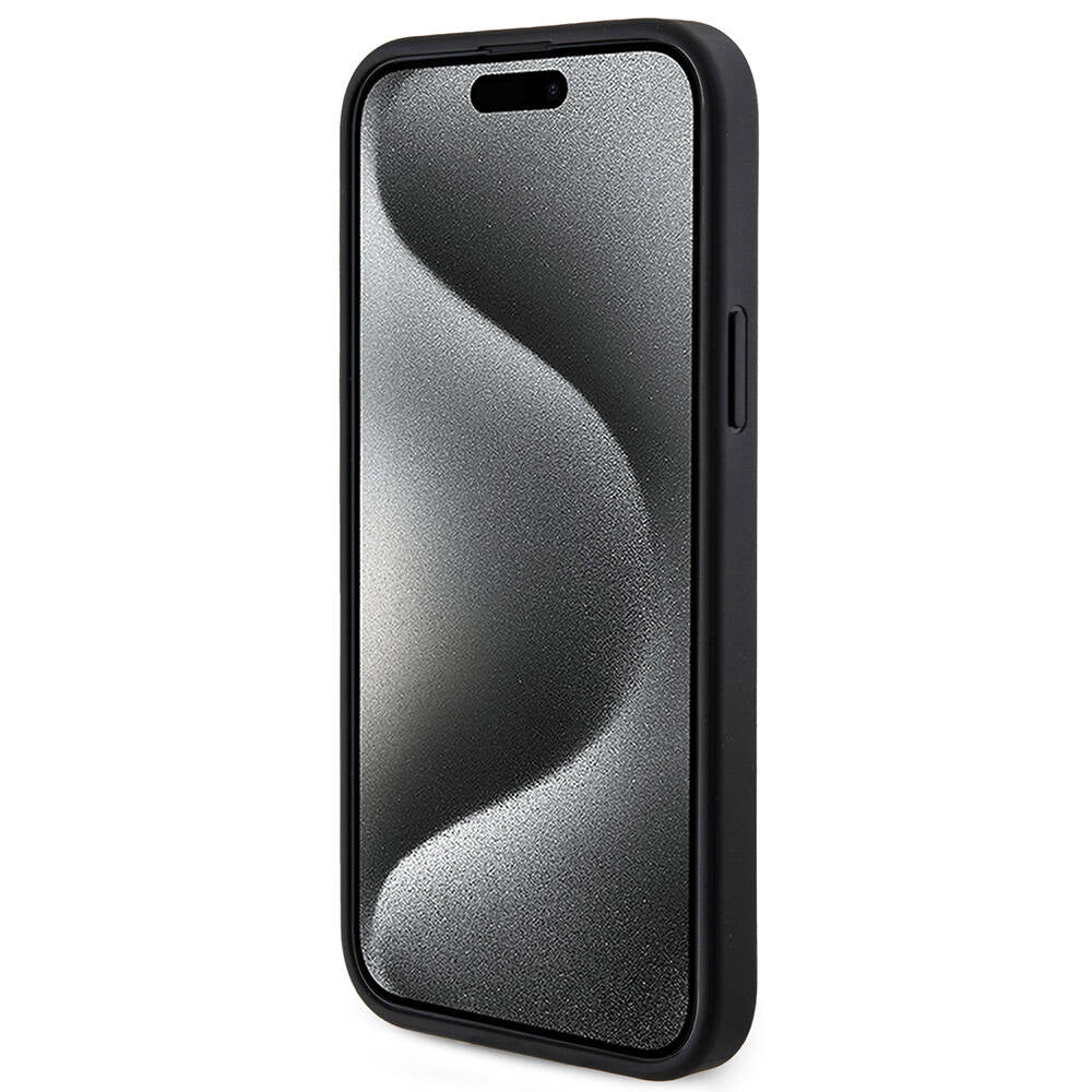 iPhone 15 Plus Guess Orjinal Lisanslı M-safe Şarj Özellikli PU Halkalı 4G Desenli Yazı Logolu Kılıf