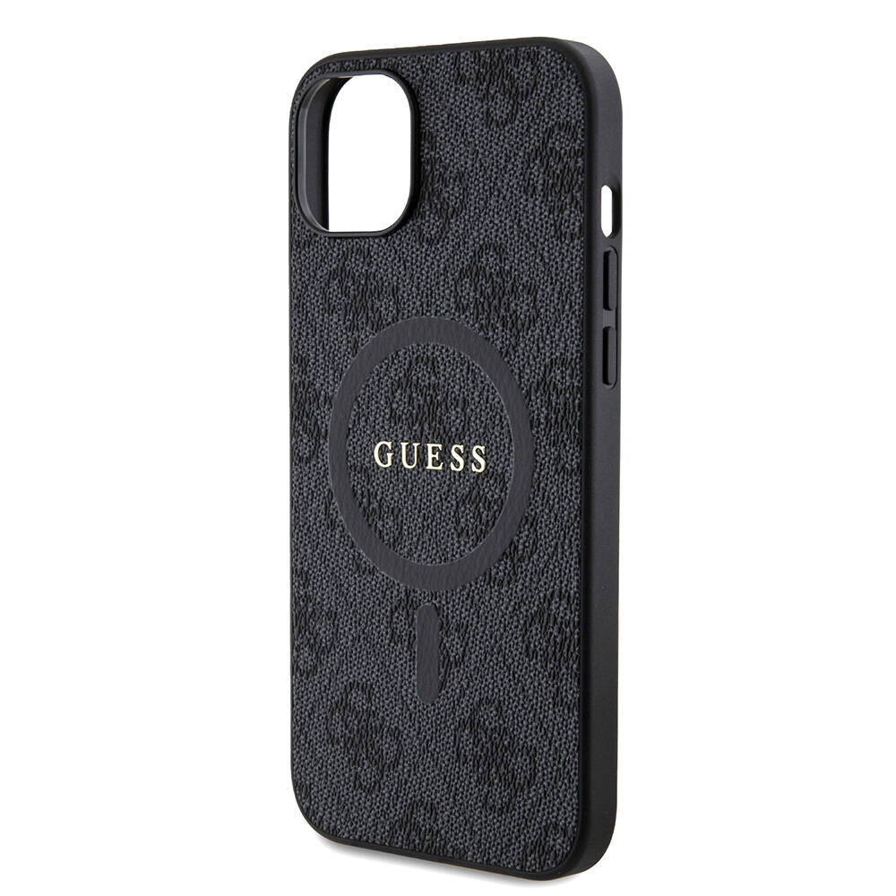 iPhone 15 Plus Guess Orjinal Lisanslı M-safe Şarj Özellikli PU Halkalı 4G Desenli Yazı Logolu Kılıf