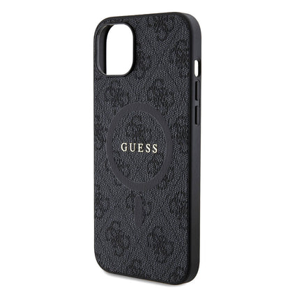 iPhone 15 Plus Guess Orjinal Lisanslı M-safe Şarj Özellikli PU Halkalı 4G Desenli Yazı Logolu Kılıf