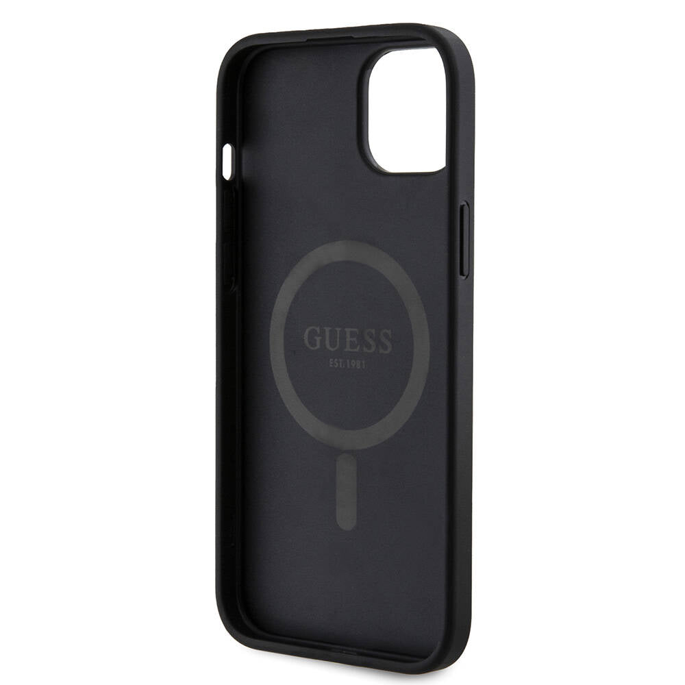 iPhone 15 Plus Guess Orjinal Lisanslı M-safe Şarj Özellikli PU Halkalı 4G Desenli Yazı Logolu Kılıf