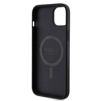 iPhone 15 Plus Guess Orjinal Lisanslı M-safe Şarj Özellikli PU Halkalı 4G Desenli Yazı Logolu Kılıf