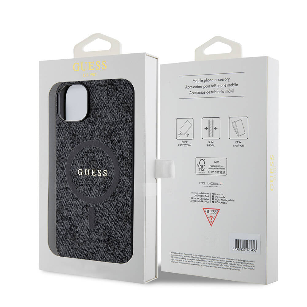 iPhone 15 Plus Guess Orjinal Lisanslı M-safe Şarj Özellikli PU Halkalı 4G Desenli Yazı Logolu Kılıf