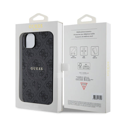 iPhone 15 Plus Guess Orjinal Lisanslı M-safe Şarj Özellikli PU Halkalı 4G Desenli Yazı Logolu Kılıf