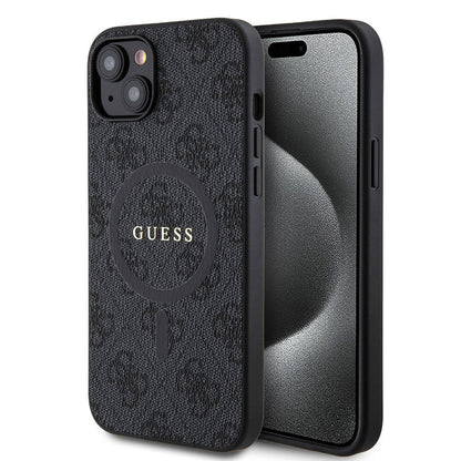 iPhone 15 Plus Guess Orjinal Lisanslı M-safe Şarj Özellikli PU Halkalı 4G Desenli Yazı Logolu Kılıf